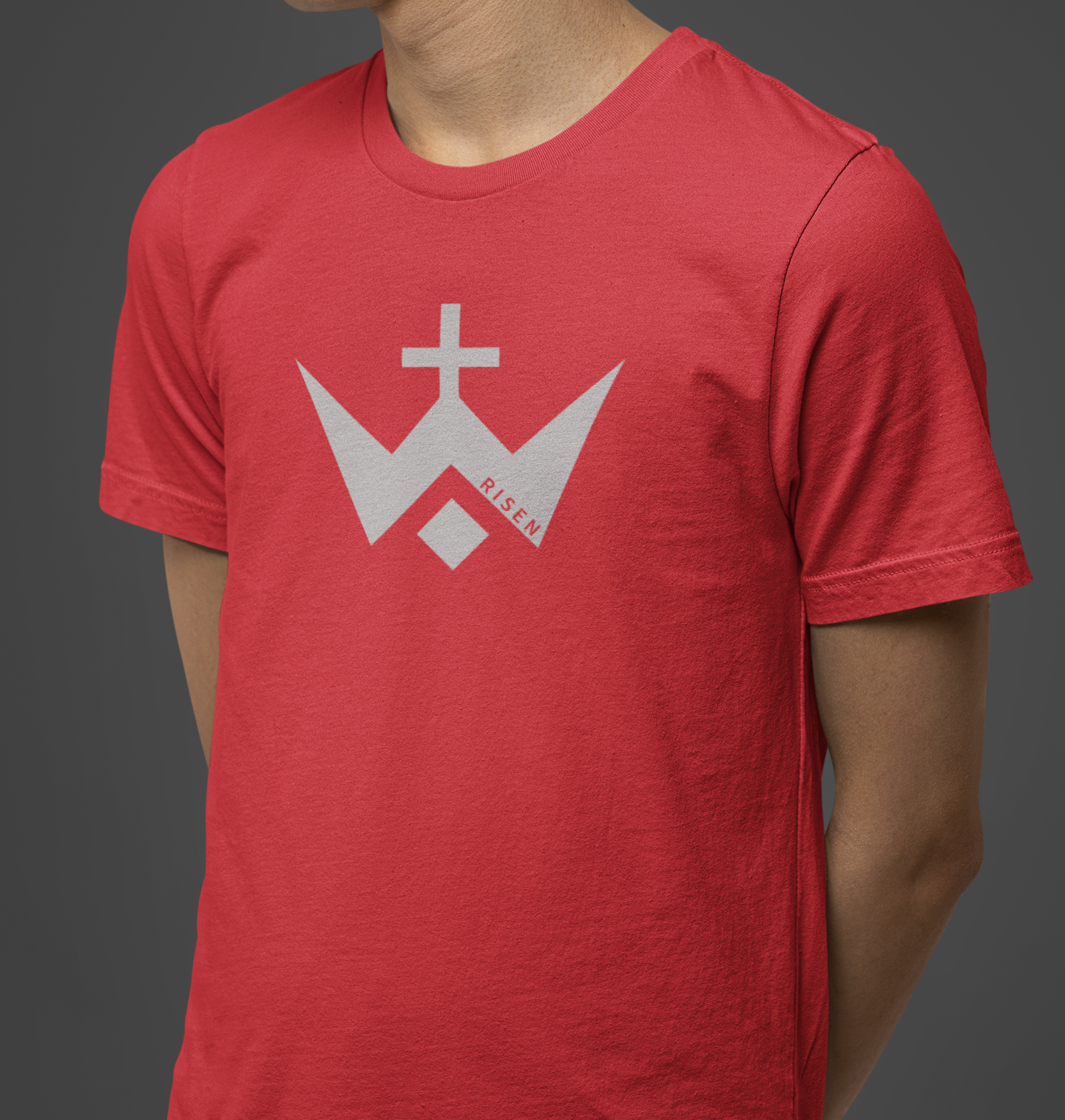 Worthy Men’s Cross T-Shirt featuring a RISEN logo on a red sueded jersey tee.