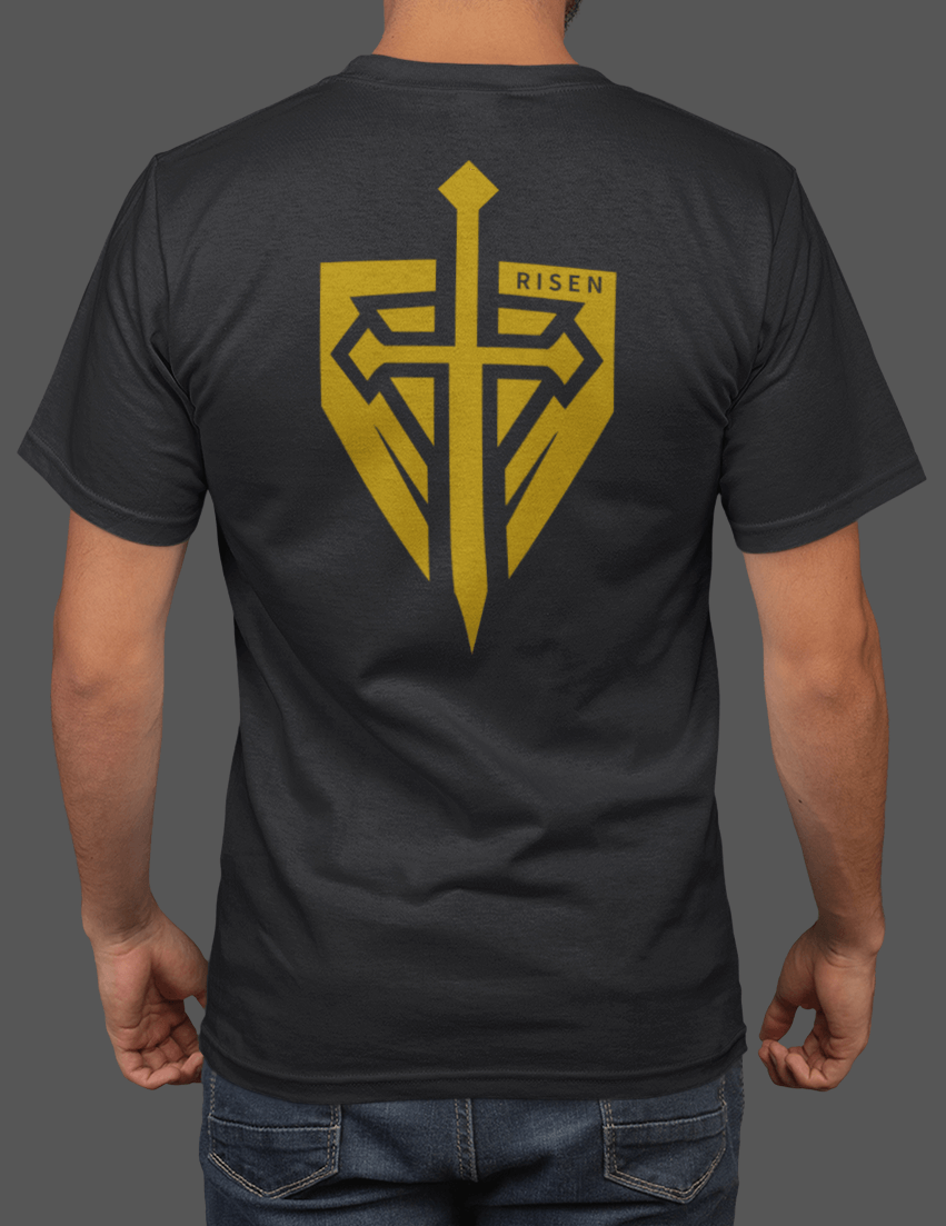 Back view of a man wearing a Christian T-Shirt for Men featuring a gold sword and shield design.
