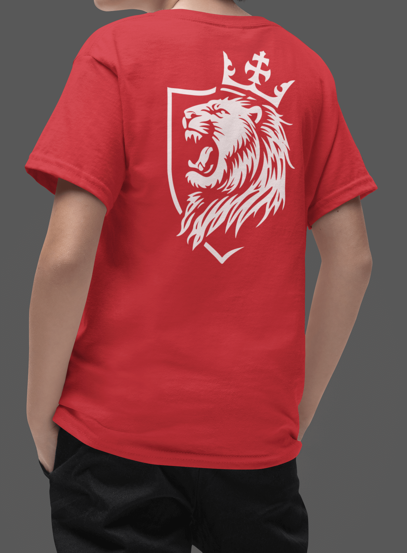 Youth Christian T-Shirts featuring a bold lion design on a red shirt for strength and confidence.