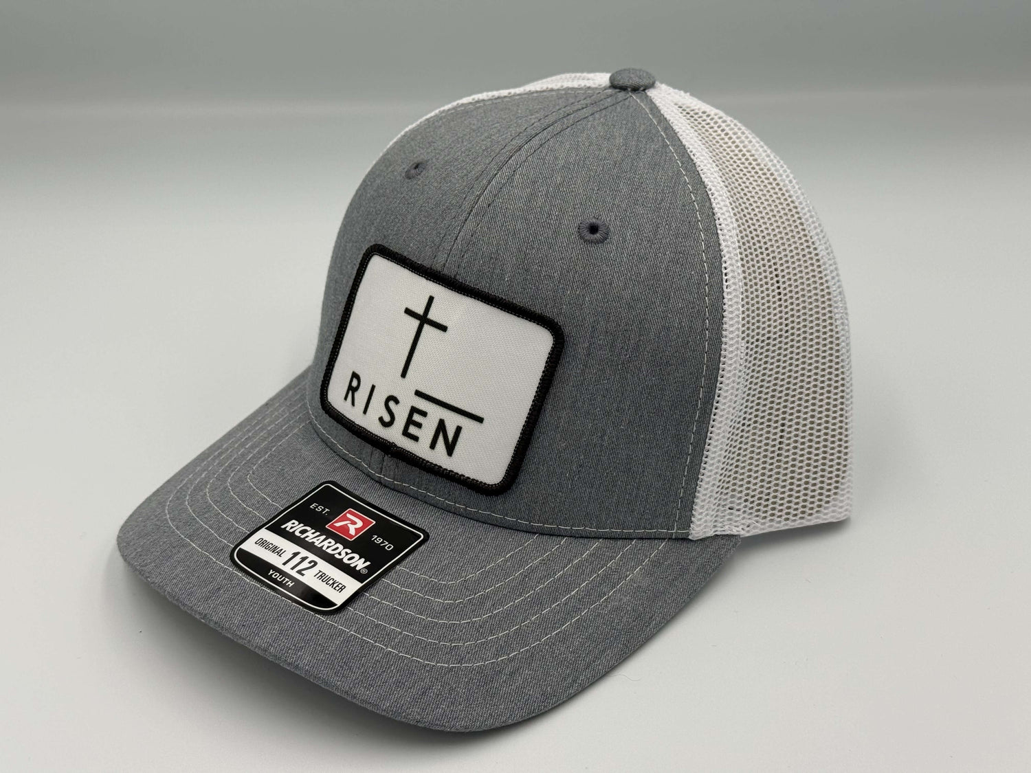 Christian Hats for Youth stylish gray RISEN cap with mesh back for durability and everyday wear.