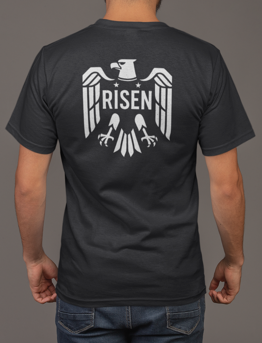 Risen Eagle Men’s T-Shirt with large back graphic of a powerful eagle and RISEN text, perfect for bold style.