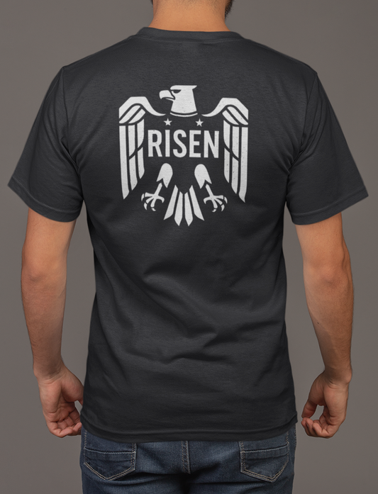 Risen Eagle Men’s T-Shirt with large back graphic of a powerful eagle and RISEN text, perfect for bold style.
