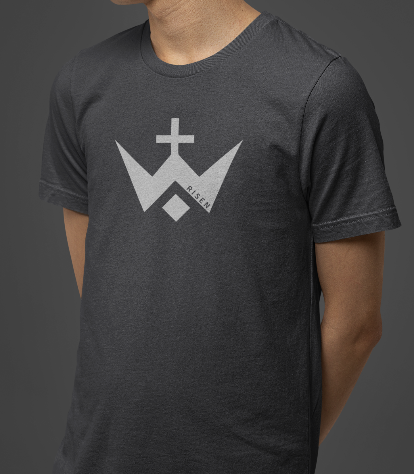 Worthy Men’s Cross T-Shirt featuring the RISEN logo on a dark sueded jersey tee.