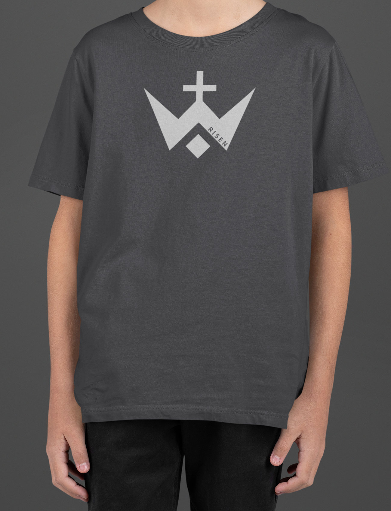 Youth Worthy Cross T-Shirt - RISEN CVC Graphic Tee with bold cross logo on a grey background.