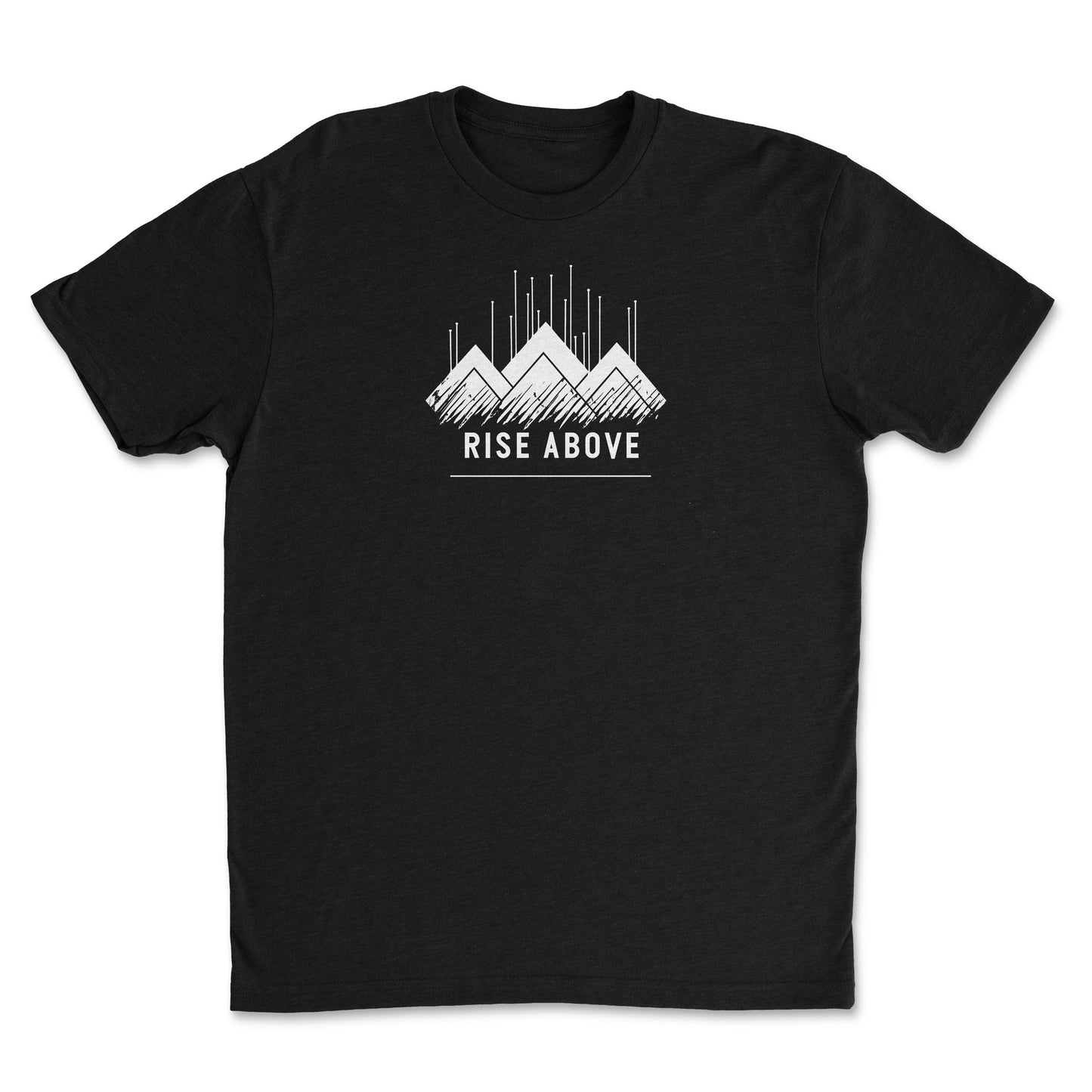 Youth Rise Above T-Shirt with mountain design and 'RISE ABOVE' graphic in white on a black background.