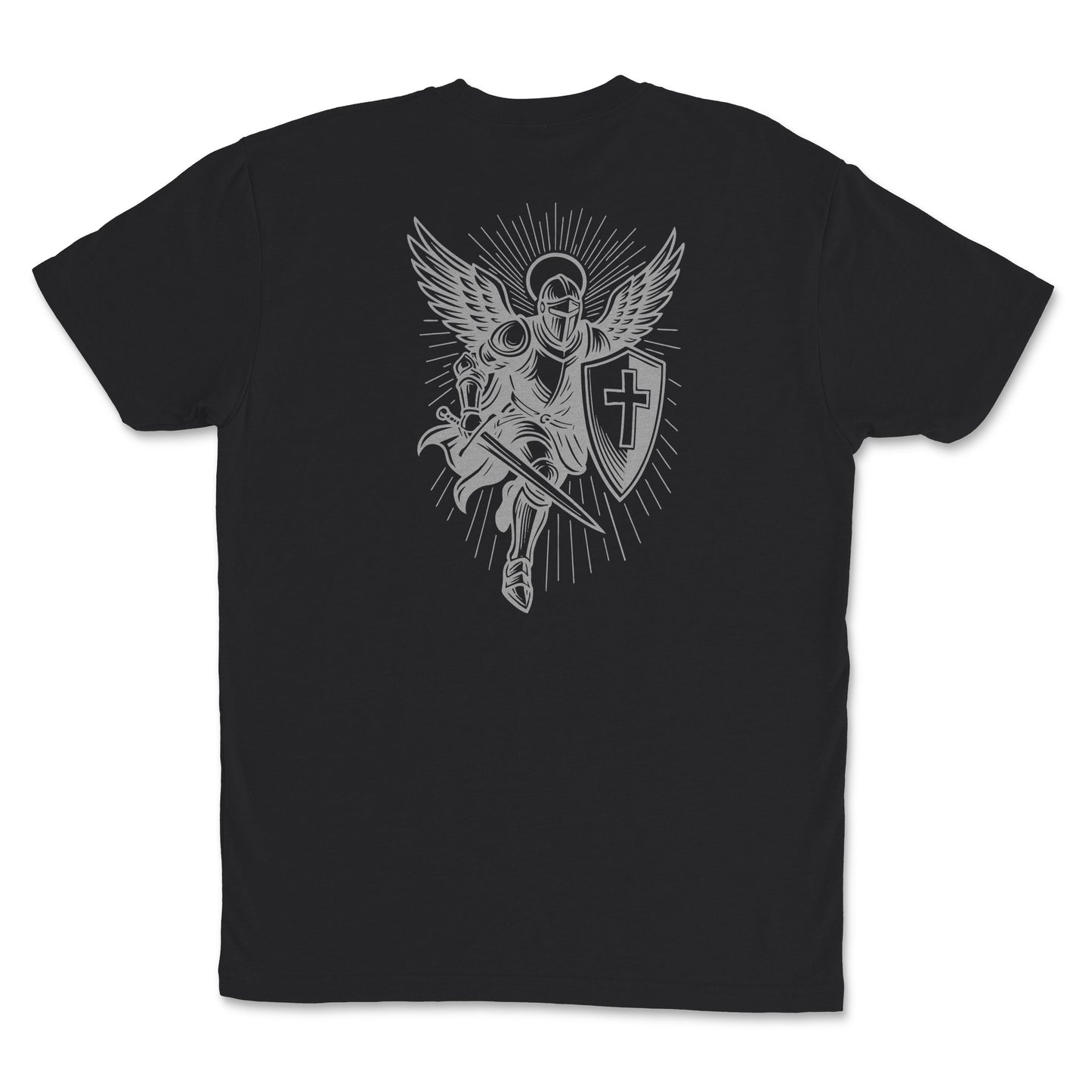 Youth Christian Warrior T-Shirt featuring warrior graphic with shield and cross on black fabric.