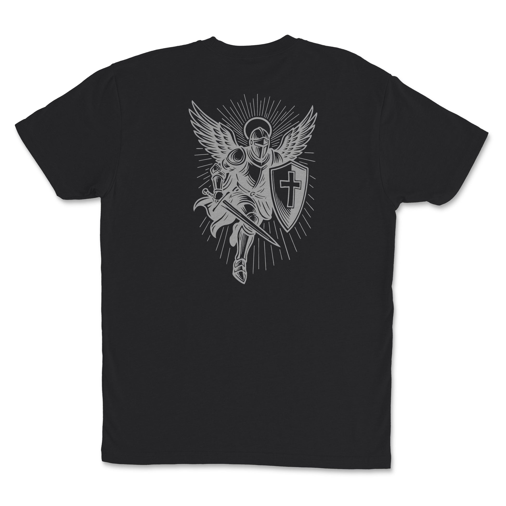 Youth Christian Warrior T-Shirt featuring warrior graphic with shield and cross on black fabric.