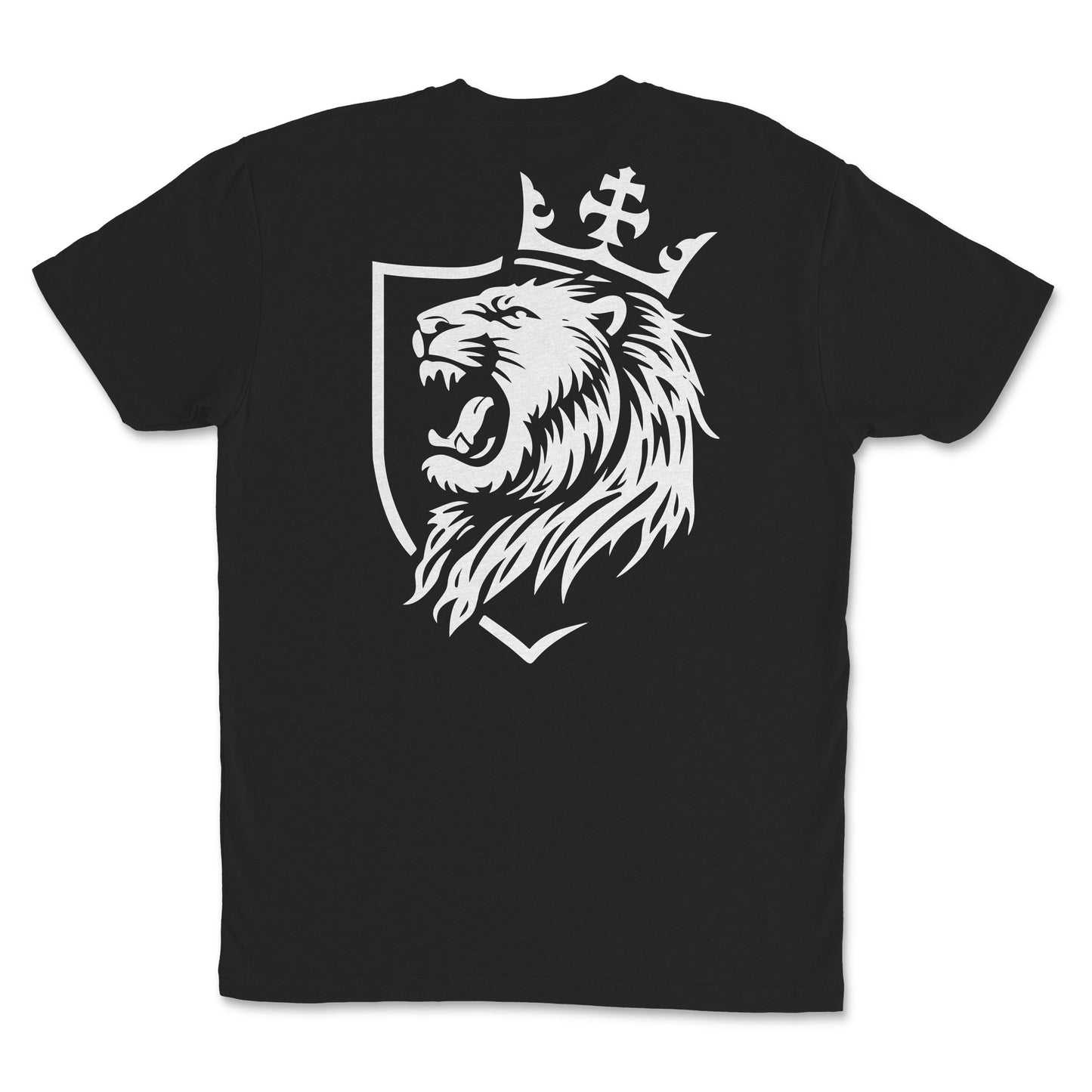 Youth Lion Crest Christian T-Shirt featuring a roaring lion and crown graphic on a black background.