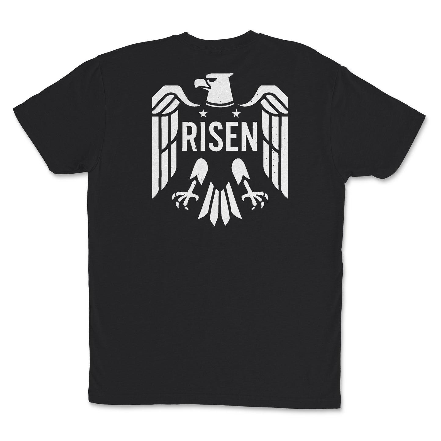 Risen Eagle Men’s T-Shirt back design featuring an eagle graphic with RISEN text across the wings.