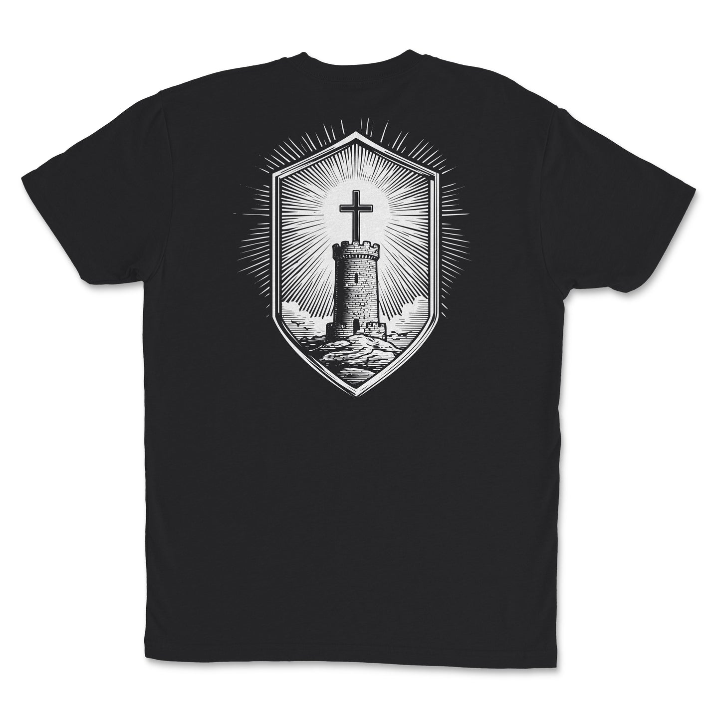 Youth Stone Tower Christian T-Shirt with shield cross graphic on the back, featuring a stone tower and radiant cross.
