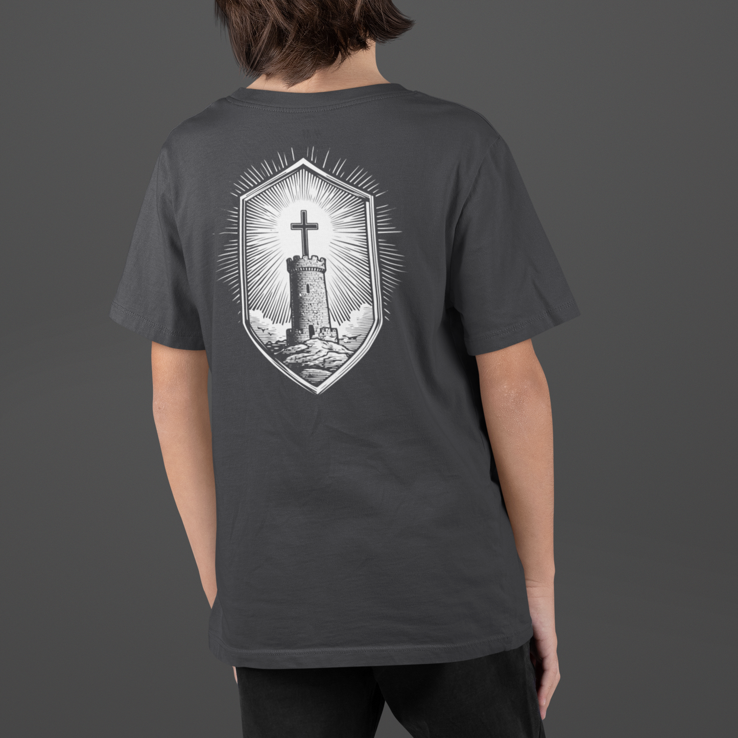 Youth Stone Tower Christian T-Shirt featuring shield cross graphic on the back, designed for young leaders.
