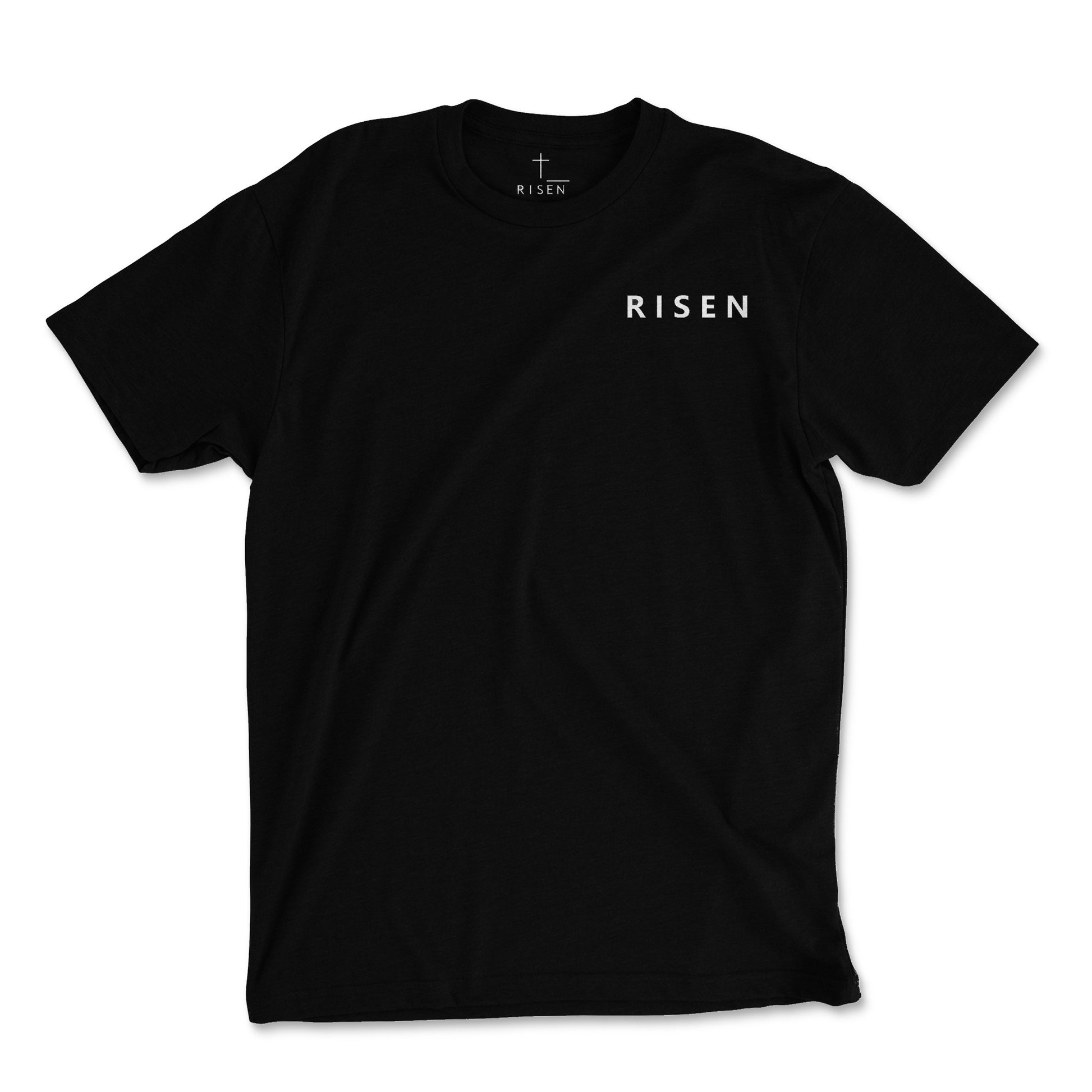 Youth Stone Tower Christian T-Shirt featuring the word 'RISEN' on a black shirt, symbolizing faith and strength.