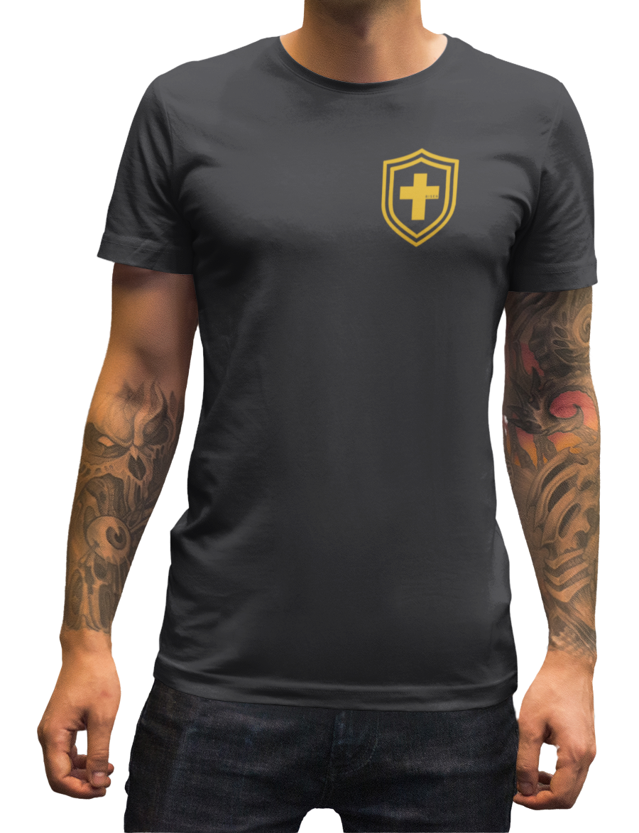 Men's Tshirt - The Watch - Crew Neck in dark grey with emblem on chest and tattoos on wearer's arms.