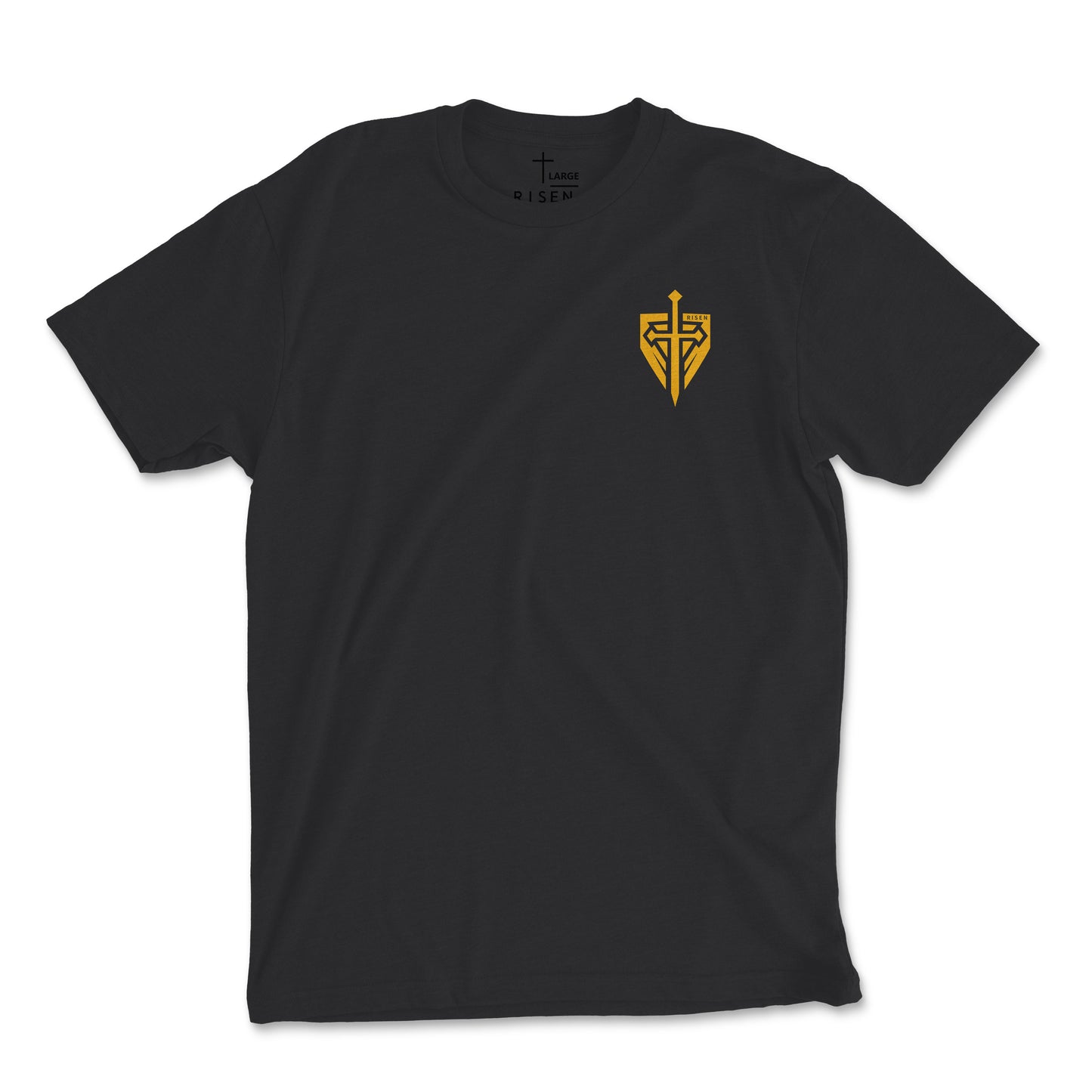 Black Iron Kingdom t-shirt with a yellow Christian symbol, representing Christian streetwear fashion.