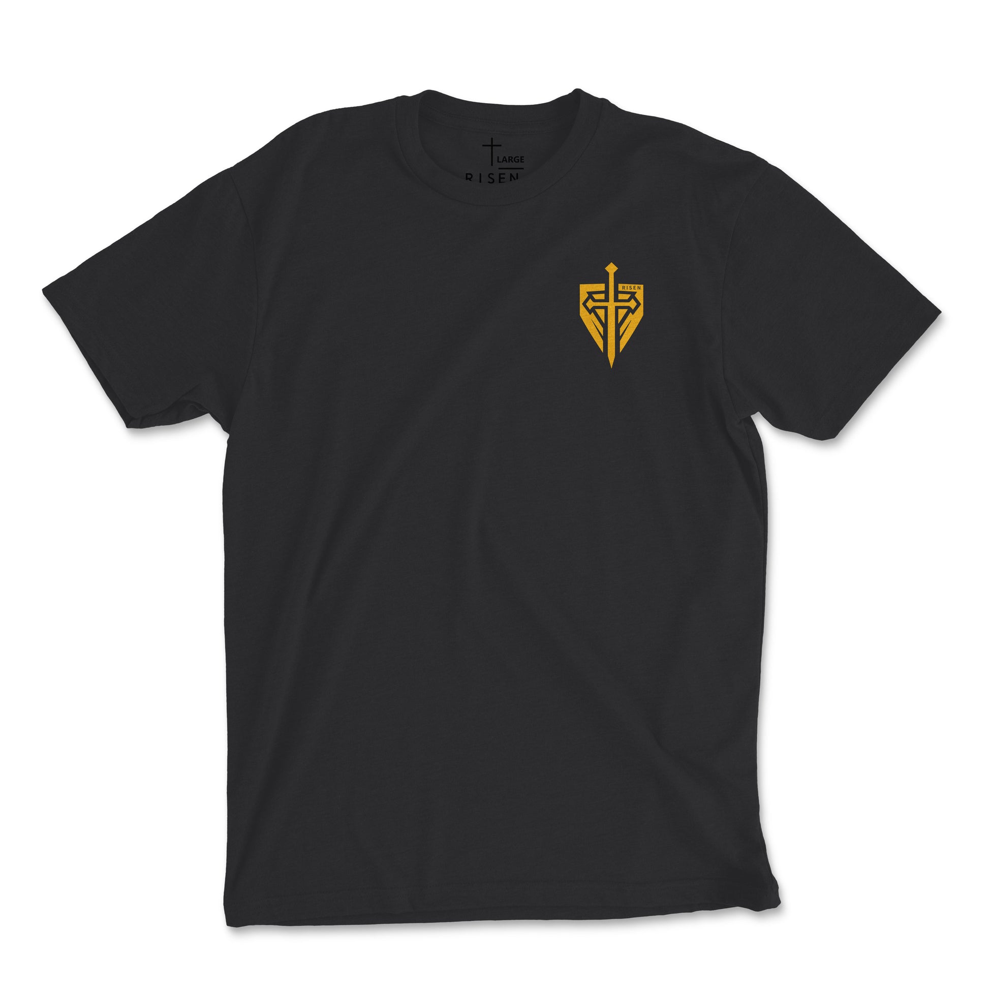 Black Iron Kingdom t-shirt with a yellow Christian symbol, representing Christian streetwear fashion.