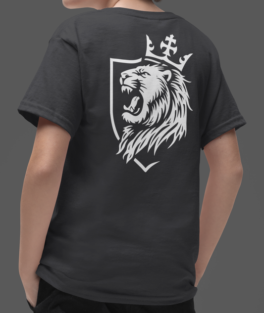Youth Lion Crest Christian T-Shirt featuring a roaring lion graphic within a shield on a black tee.