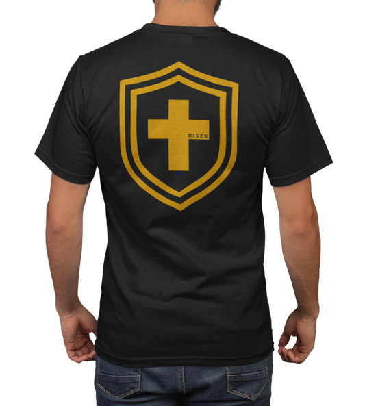 Back view of a men's t-shirt featuring a shield design with a yellow cross and 'RISEN' lettering.