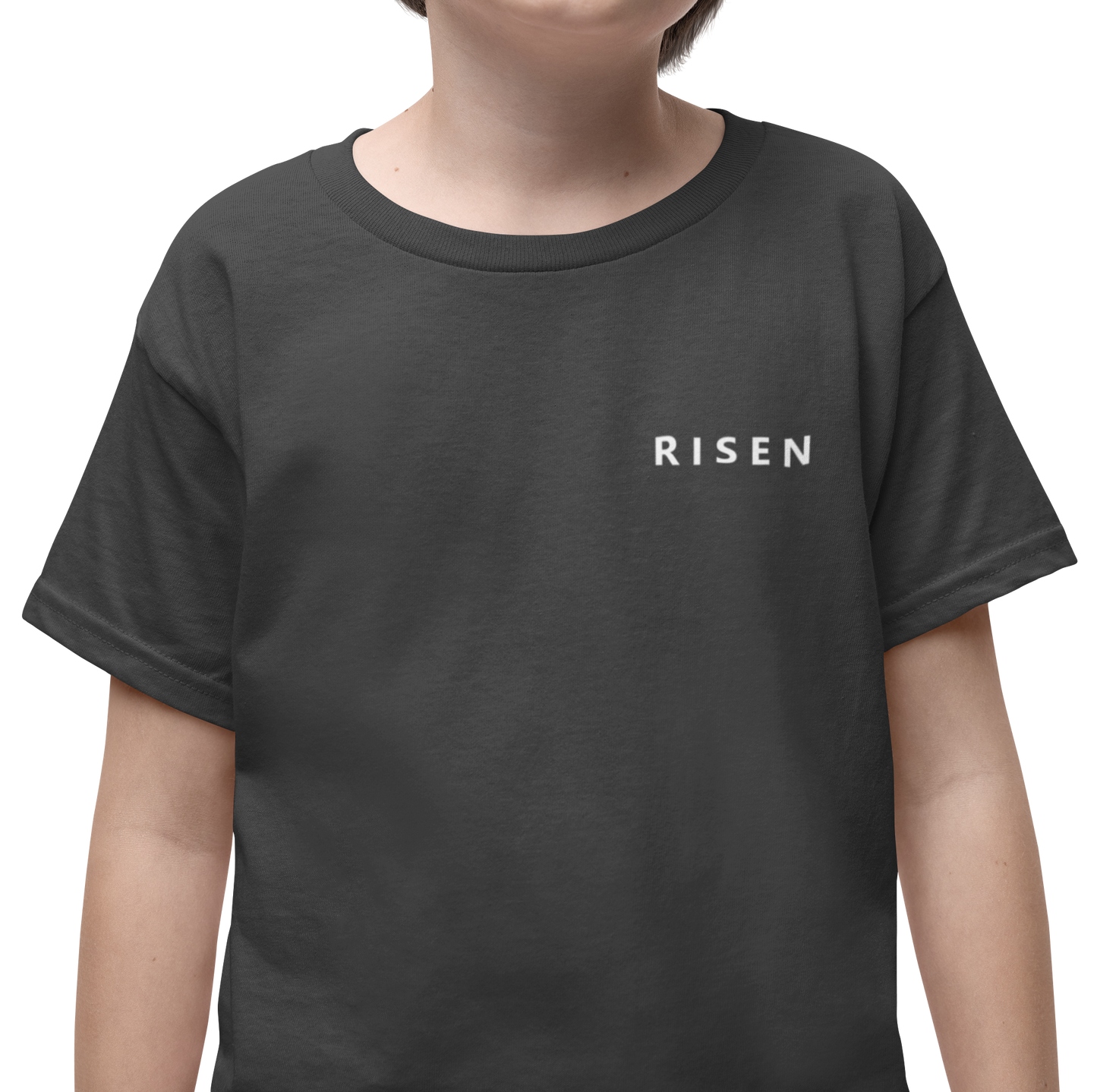 Youth Lion Crest Christian T-Shirt featuring Risen text on a dark background, promoting strength and faith.