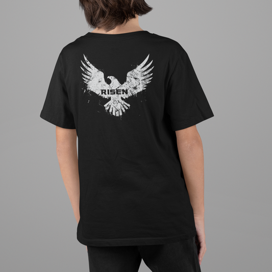 Born to Rise Youth Christian T-Shirt featuring RISEN eagle graphic on back in bold design.