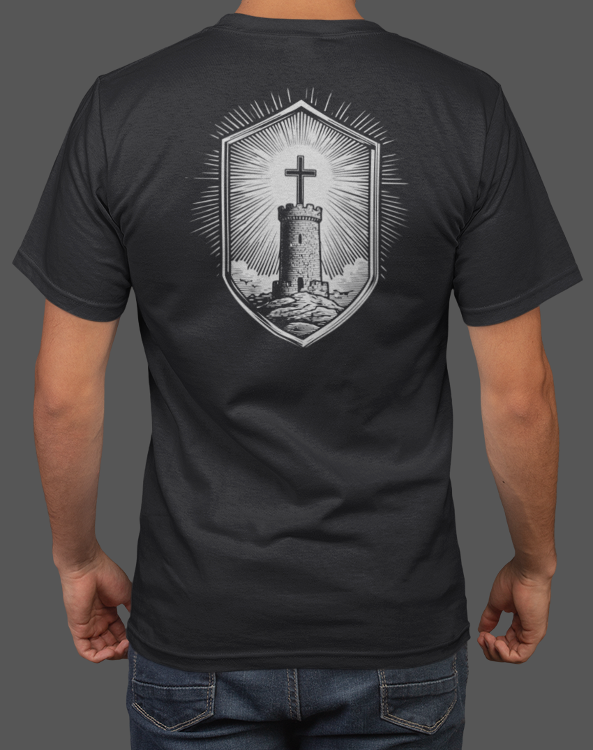 Stone Tower Men’s Christian T-Shirt featuring a bold shield cross graphic on the back, representing strength and faith.