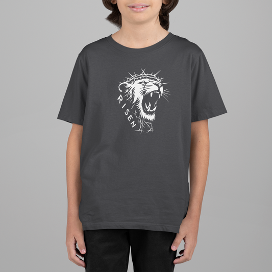 Youth The Risen King - Christian T-Shirt - Lion Graphic Tee featuring a roaring lion design on a gray shirt.