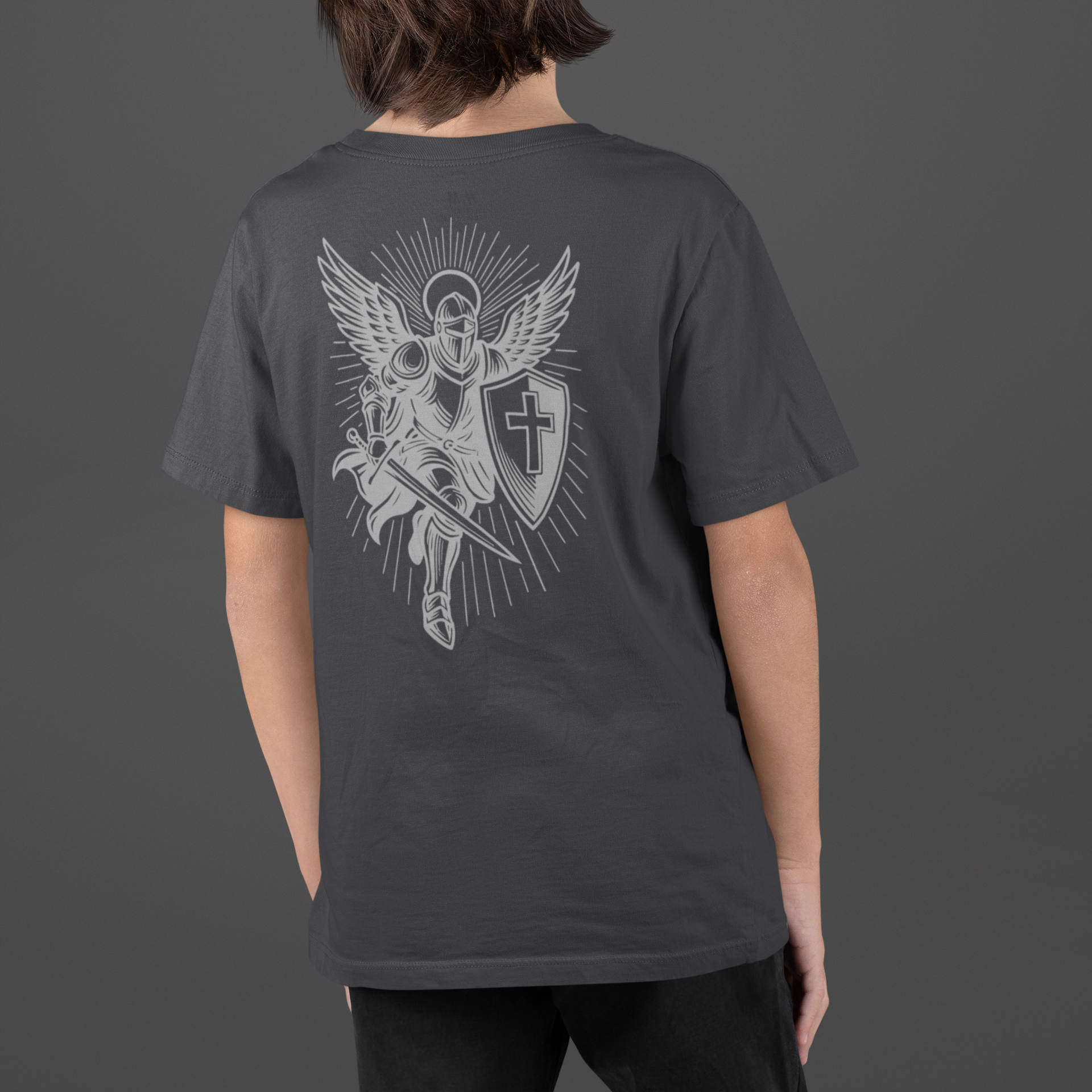 Youth Christian Warrior T-Shirt with warrior graphic, representing strength, courage, and faith.