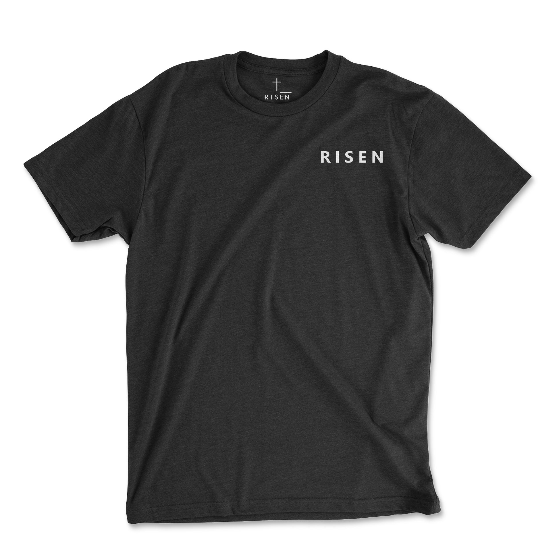 Risen Eagle Men’s T-Shirt in charcoal with minimalistic RISEN text on the front, crafted from premium fabric.