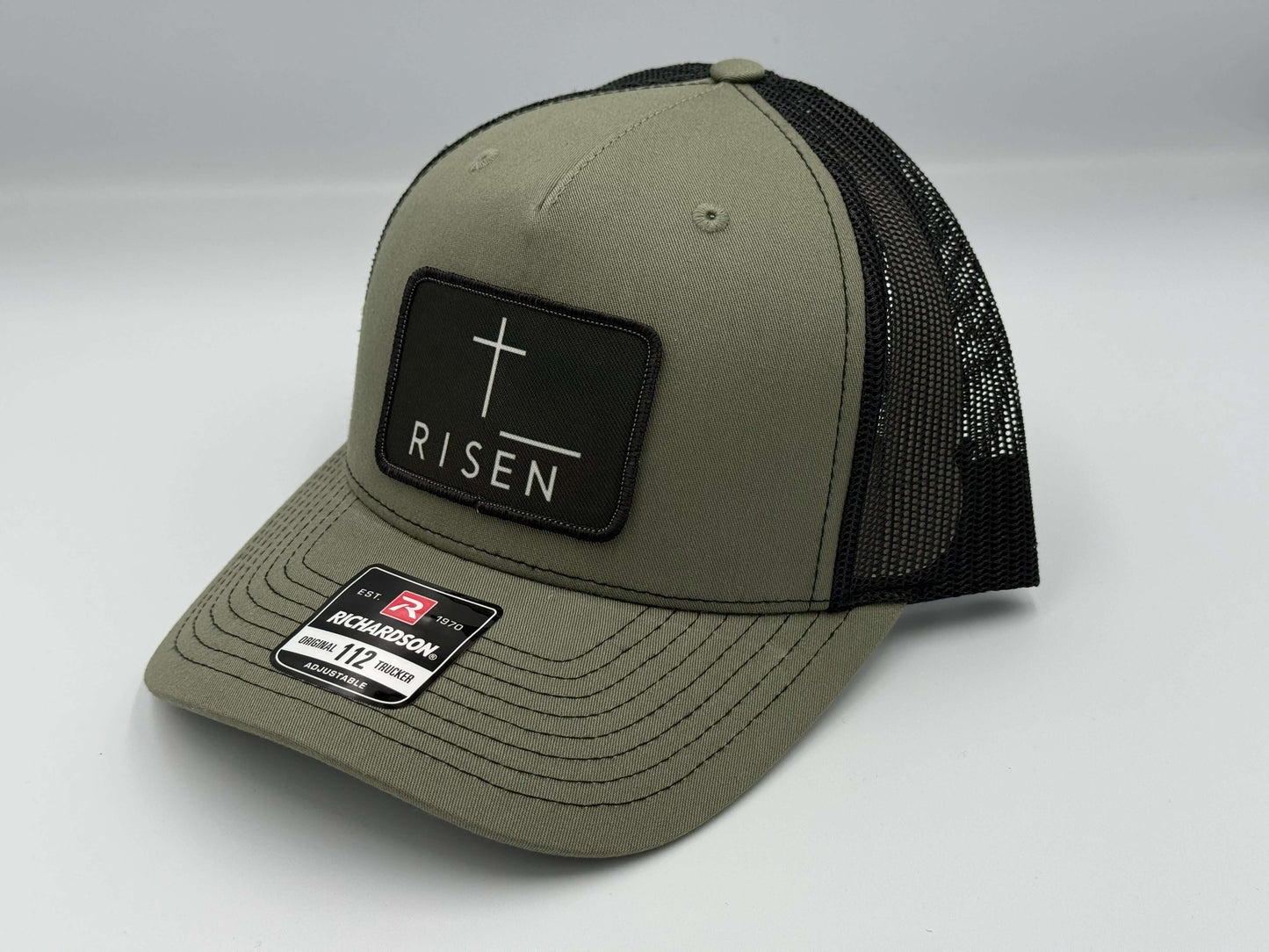 Black Risen Cross Canvas Patch – Loden Green/Black Trucker Hat