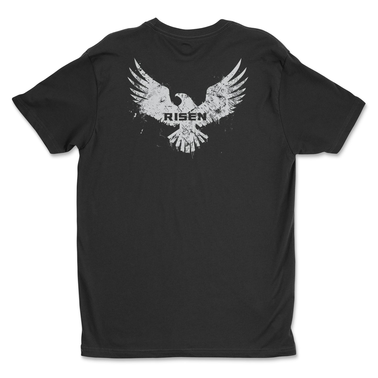 Born to Rise Youth Christian T-Shirt with RISEN eagle graphic design on the back in black.