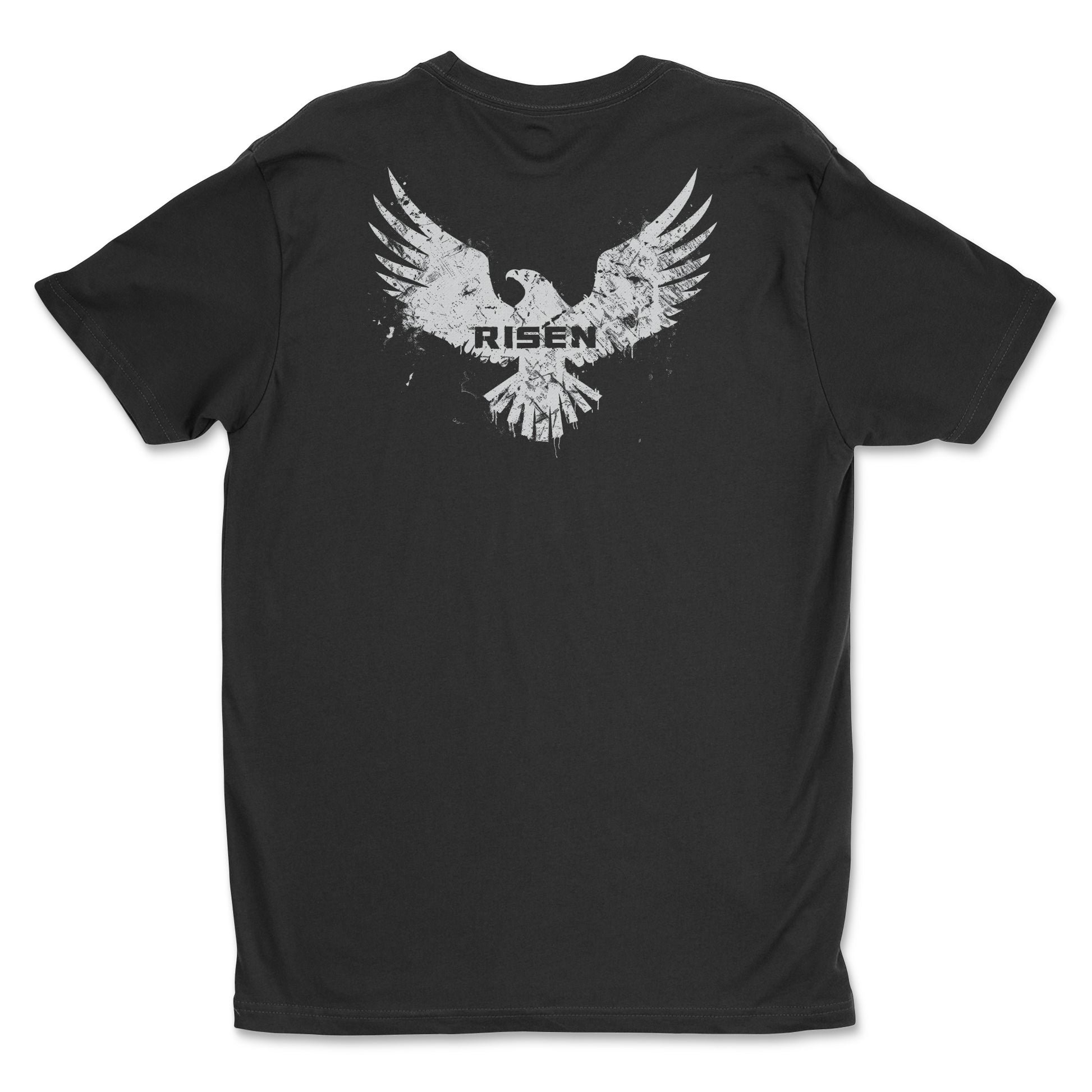 Born to Rise Youth Christian T-Shirt with RISEN eagle graphic design on the back in black.
