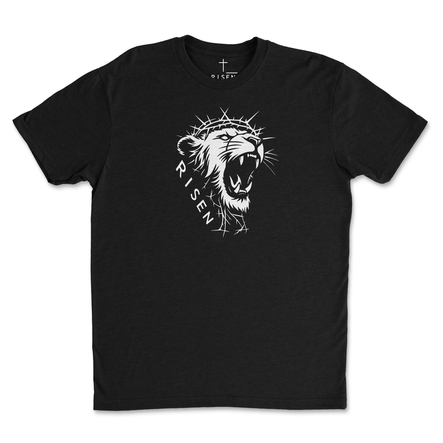 Youth The Risen King - Christian T-Shirt featuring a roaring lion graphic with a crowned design.
