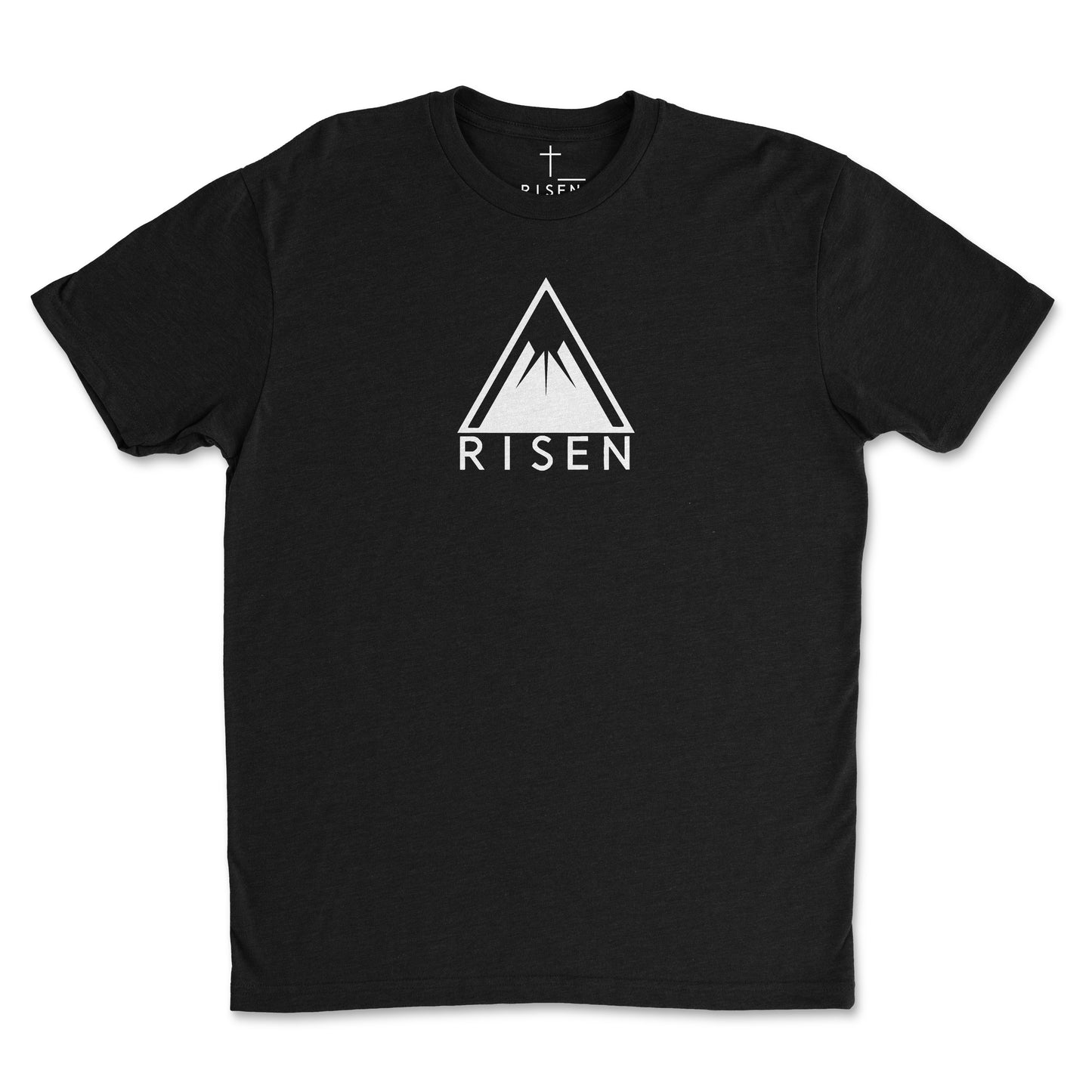 The Peak Men’s Christian T-Shirt featuring RISEN mountain graphic design on a black tee.