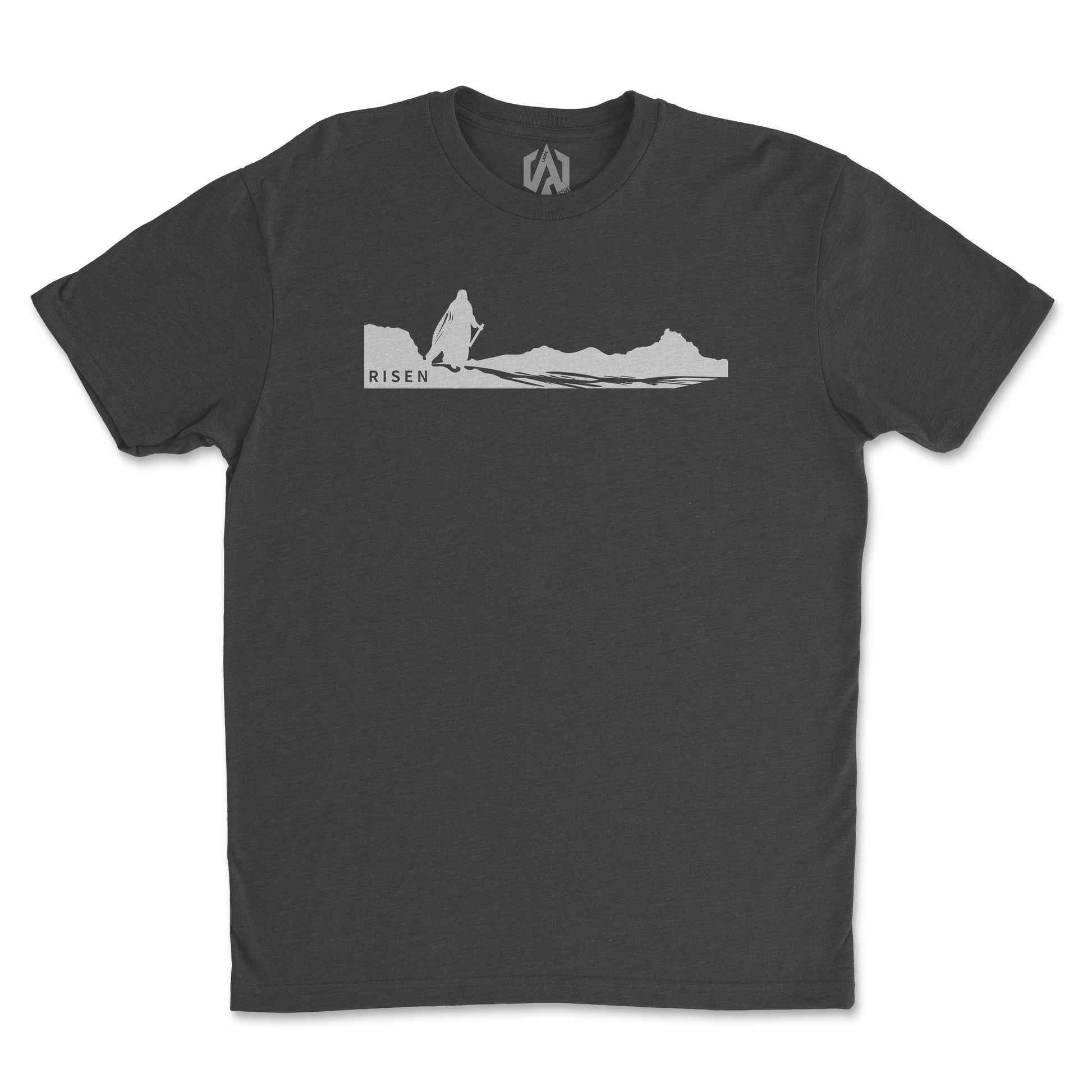 The Way Forward Men’s Christian T-Shirt with RISEN graphic on a dark grey background.