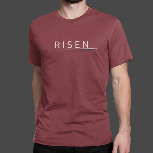 Sueded Jersey T-Shirt featuring RISEN logo, designed for breathable comfort and modern fit in a stylish burgundy color.
