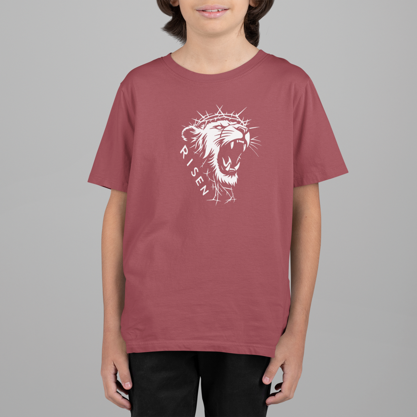 Youth The Risen King - Christian T-Shirt featuring a roaring lion graphic on a maroon tee.