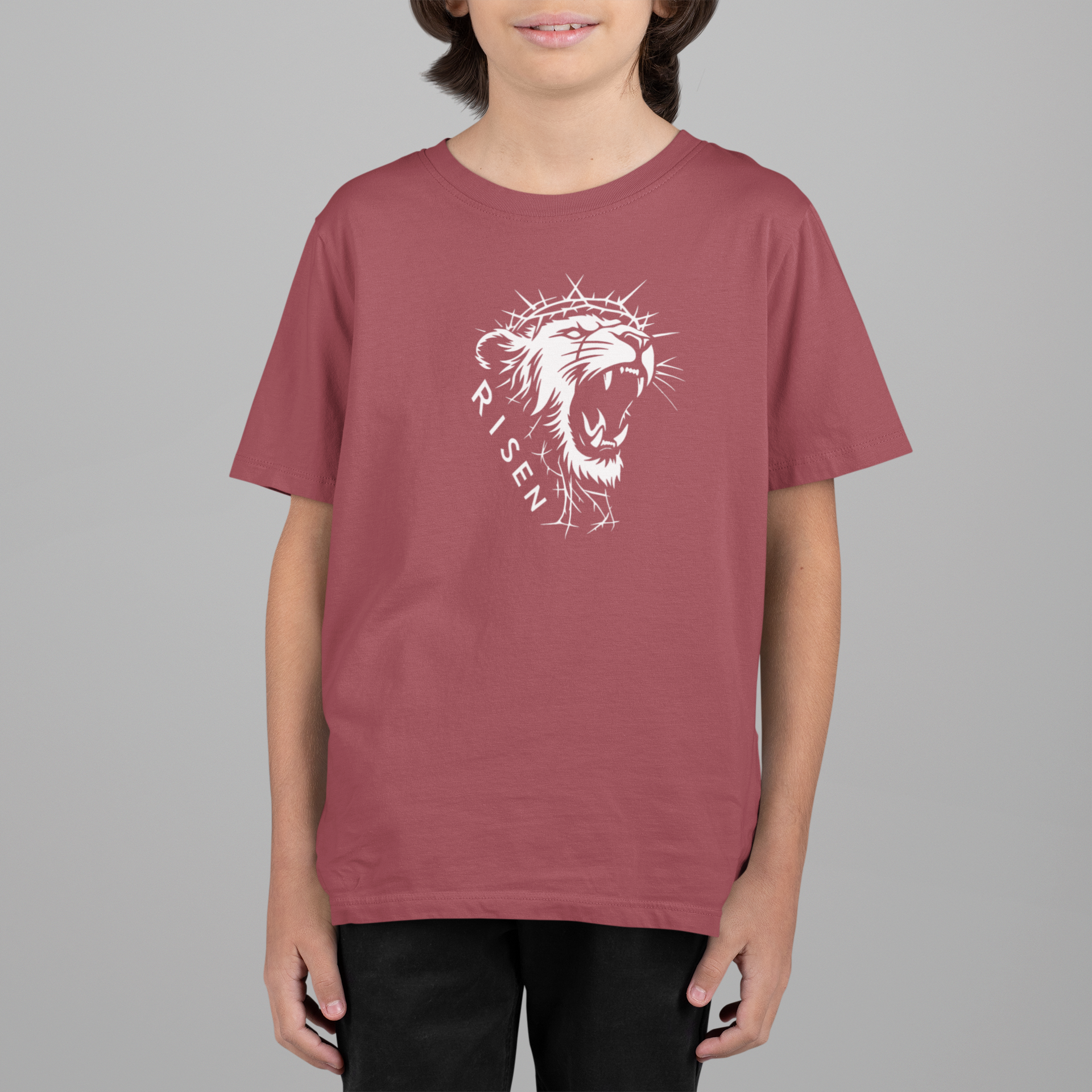 Youth The Risen King - Christian T-Shirt featuring a roaring lion graphic on a maroon tee.