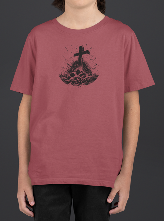 Youth Breakthrough Christian T-Shirt featuring RISEN cross graphic design on a youth model.