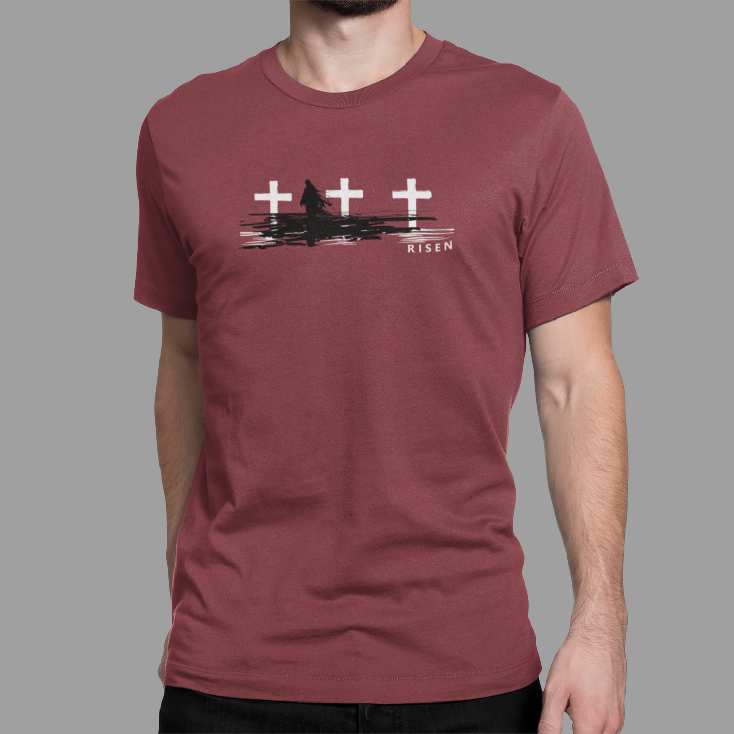 The Third Day Men’s Christian T-Shirt featuring RISEN graphic and three crosses design.
