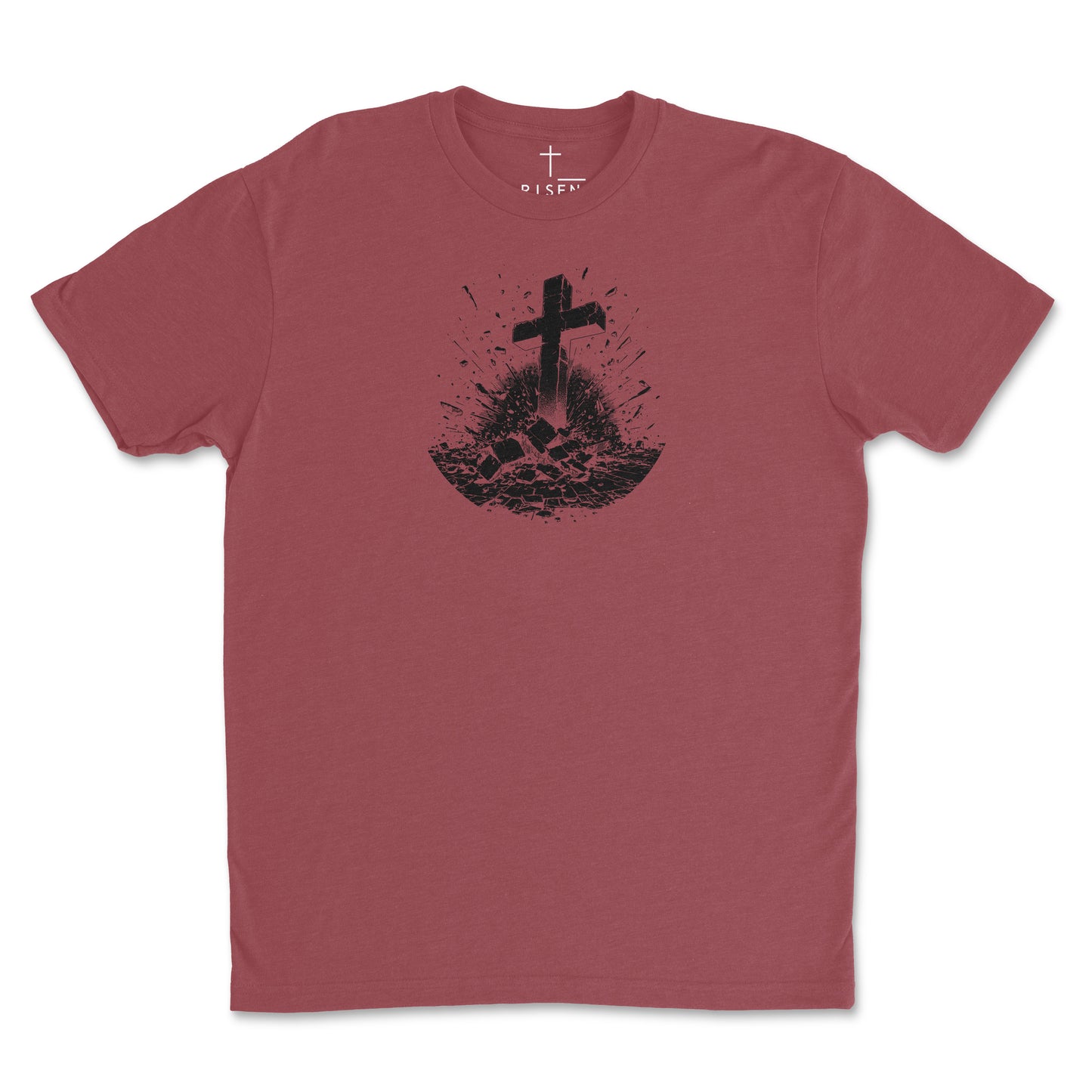 Youth Breakthrough Christian T-Shirt with RISEN cross graphic on maroon background, symbolizing faith and strength.
