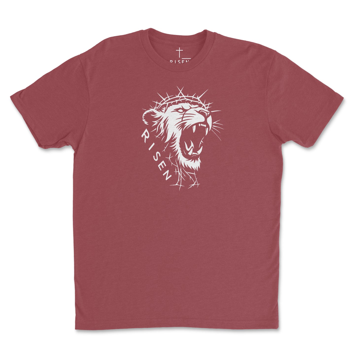 Youth The Risen King - Christian T-Shirt featuring a roaring lion graphic on a maroon tee.