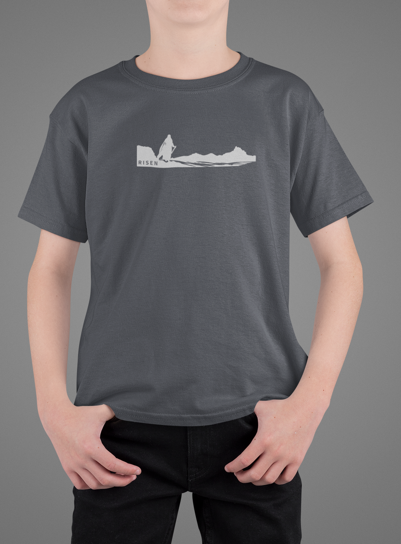 Youth The Way Forward Christian T-Shirt worn by a boy, featuring a minimal graphic design with RISEN.