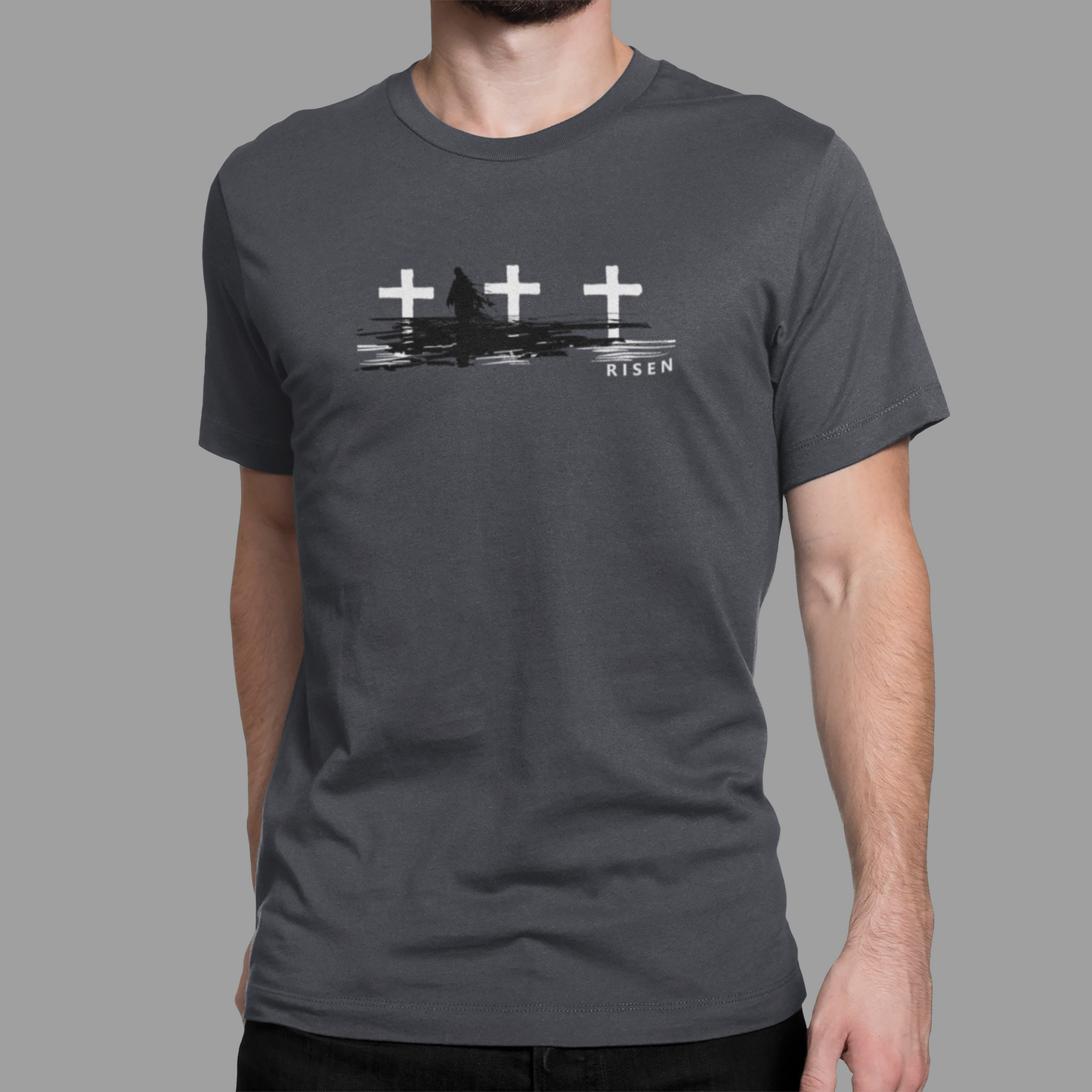 The Third Day Men’s Christian T-Shirt featuring RISEN cross graphic on a gray background.