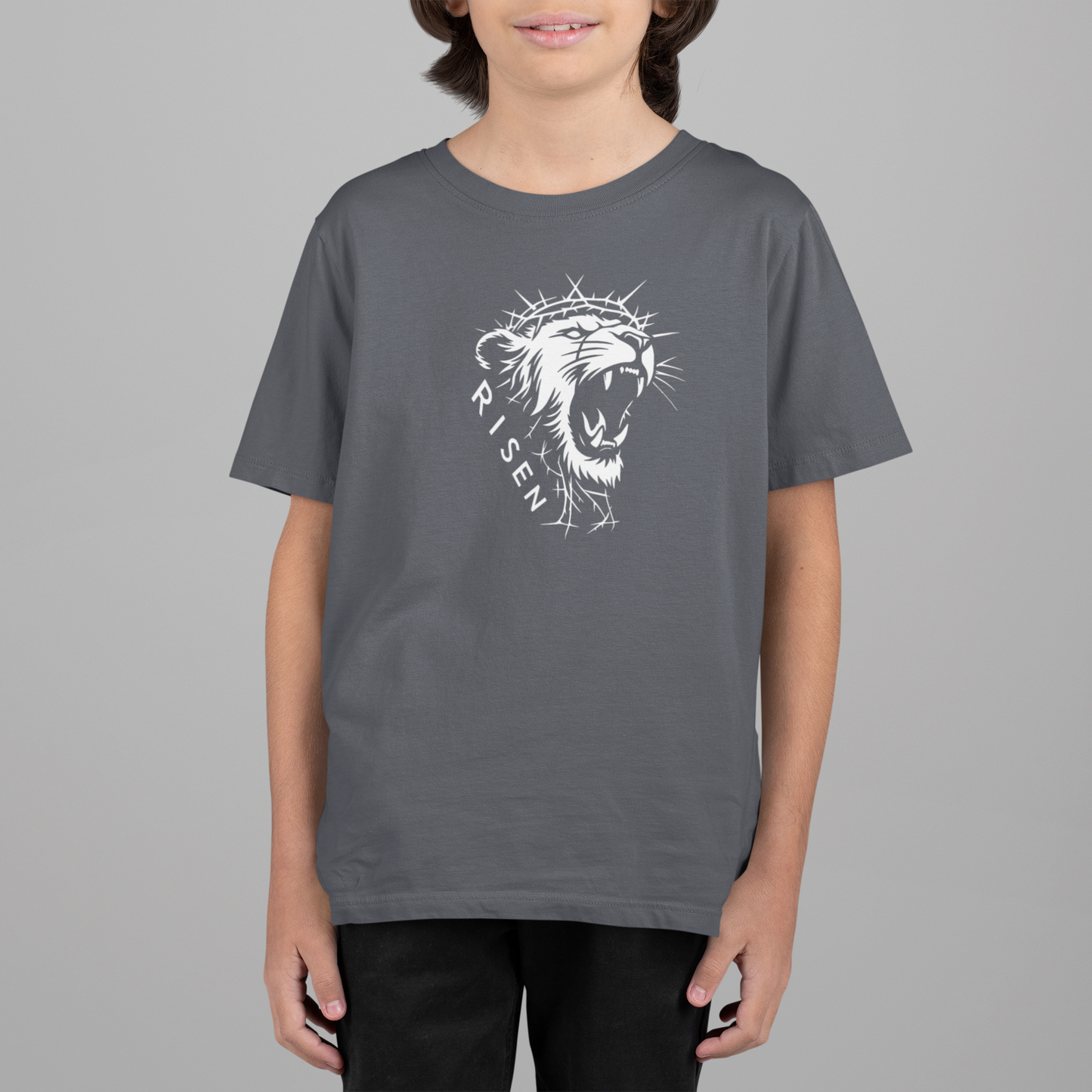 Youth The Risen King - Christian T-Shirt featuring a lion graphic on a gray tee.