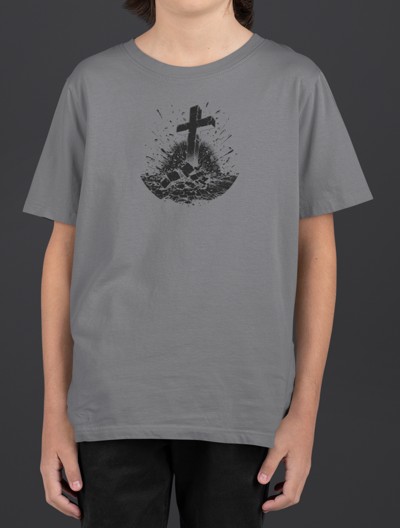 Youth Breakthrough Christian T-Shirt featuring RISEN cross graphic on a gray tee, designed for young believers.