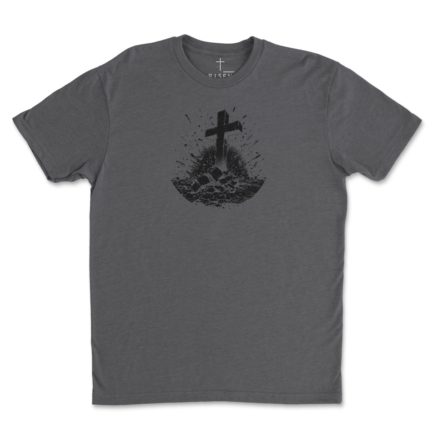 Youth Breakthrough Christian T-Shirt featuring RISEN Cross graphic on a dark gray tee, symbolizing faith and resilience.
