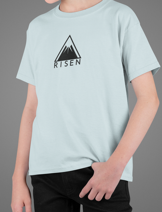 Youth The Peak Christian T-Shirt featuring RISEN mountain graphic on a light blue background.