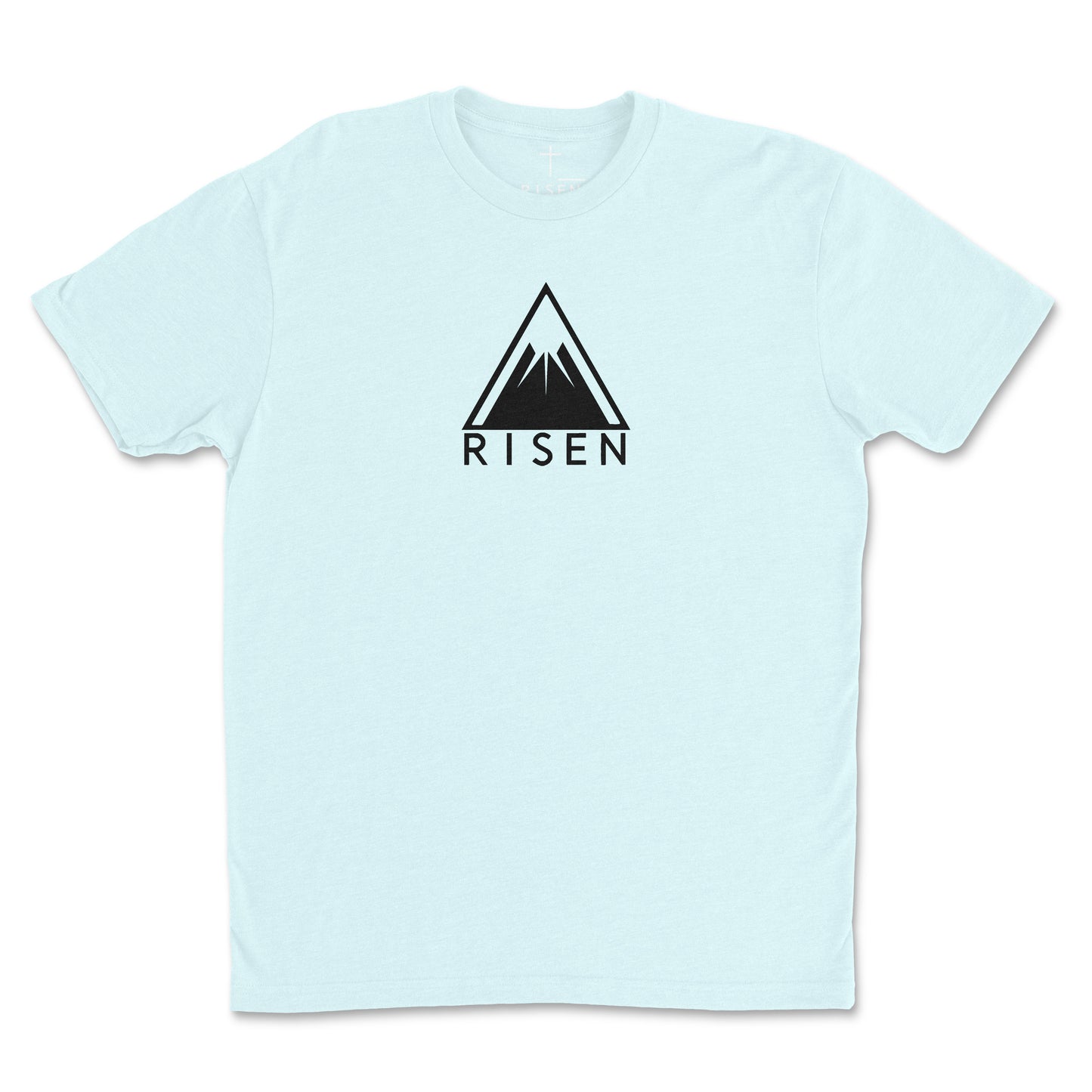 Youth The Peak Christian T-Shirt featuring RISEN mountain graphic design on a light blue background.