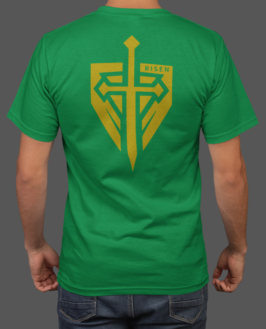 Green t-shirt featuring a gold sword and shield design on the back, perfect for Christian streetwear fashion.