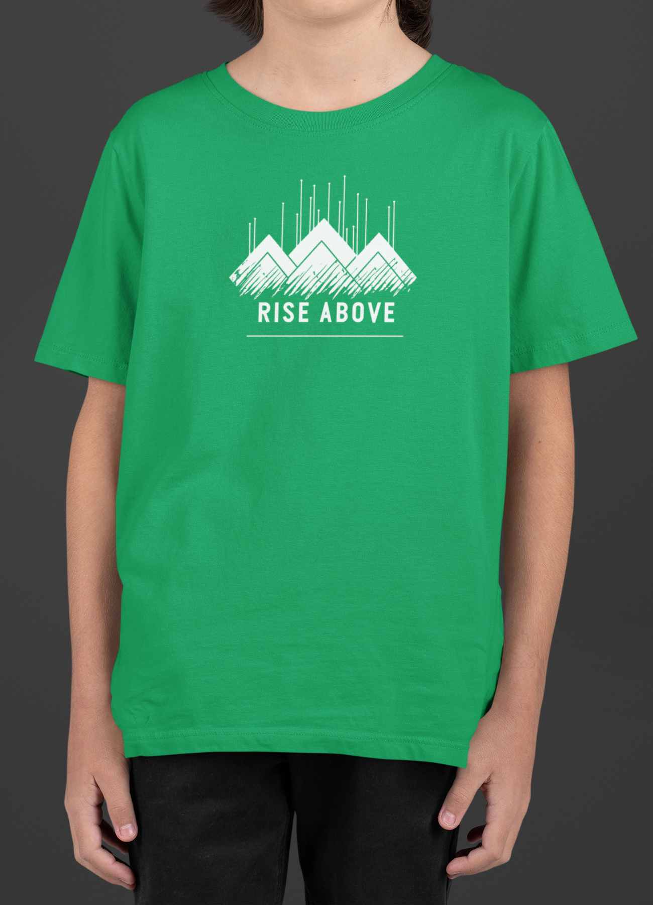 Youth Rise Above T-Shirt - RISEN Lightweight CVC Tee in green with mountain graphic design.