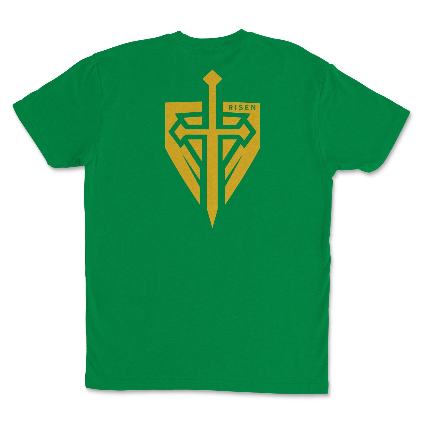 Green Christian streetwear fashion t-shirt featuring a golden shield and cross design with 'RISEN' text on the back.